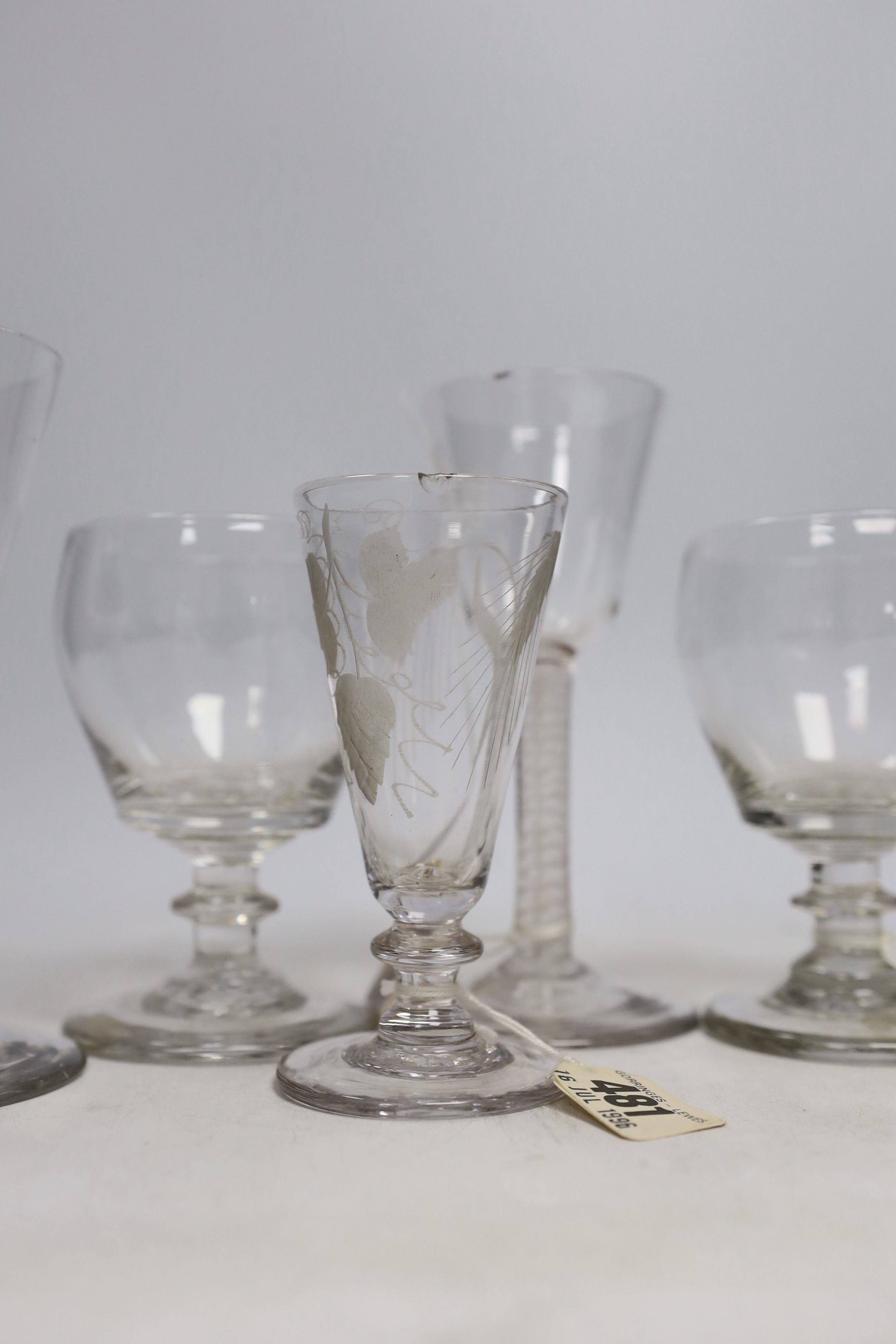 Two late 18th century DSOT Wine glasses, two dwarf ale glasses with engraved hops and barley, and knopped stems, two early 19th century drummers with knopped stems and rough pontils, tallest 16cm (6)